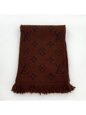 Louis Vuitton Red Brown Logo Jacquard Wool Fringe Scarf